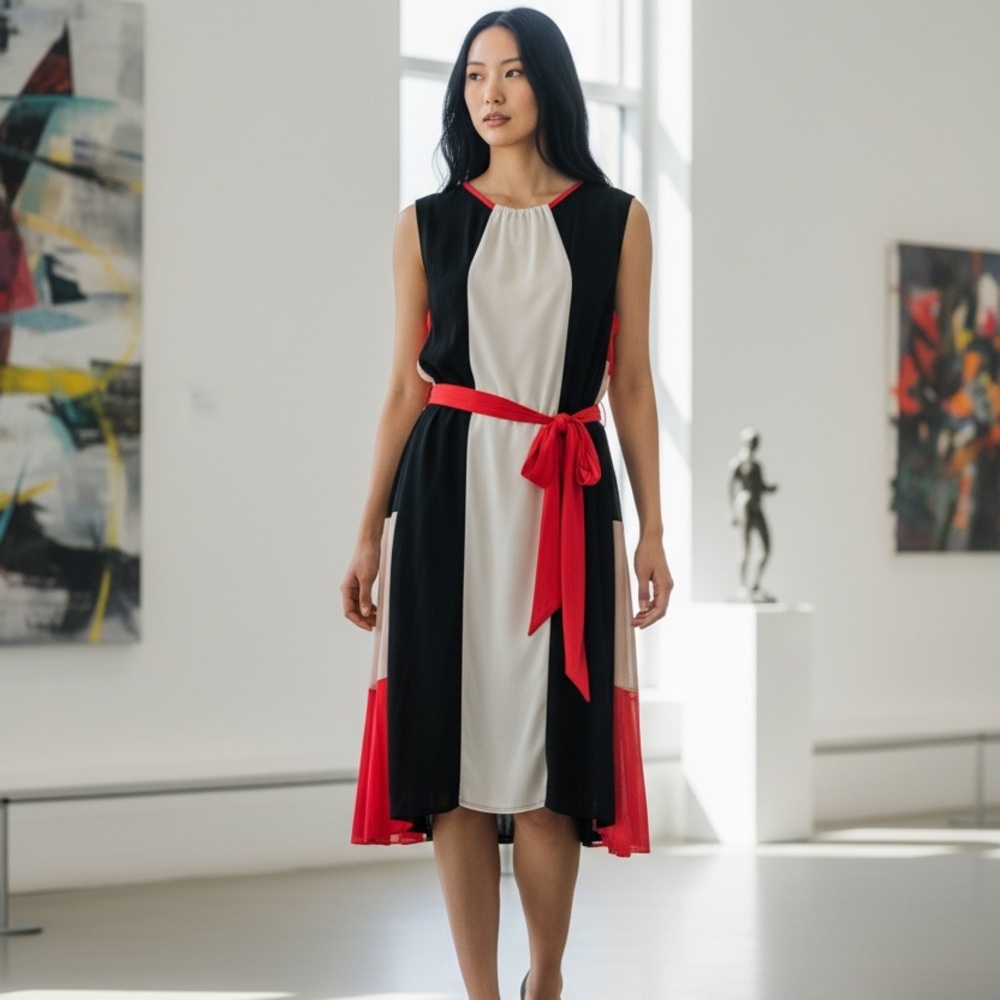 BCBGMaxAzria Black Cream Orange Asymmetrical Sleeveless Dress